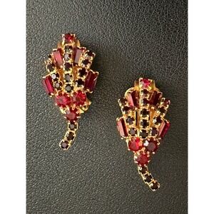 Vintage HOBE Rhinestone Earrings Clip Ons Red Gold Tone Designer Signed